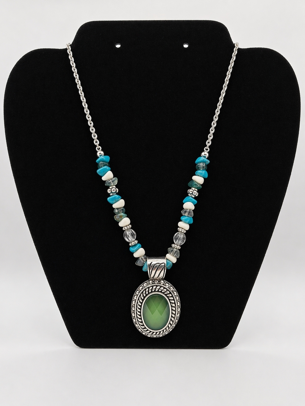 ✨ Vintage Avon Statement Necklace | Silver Tone | Turquoise & Green Pendant ✨